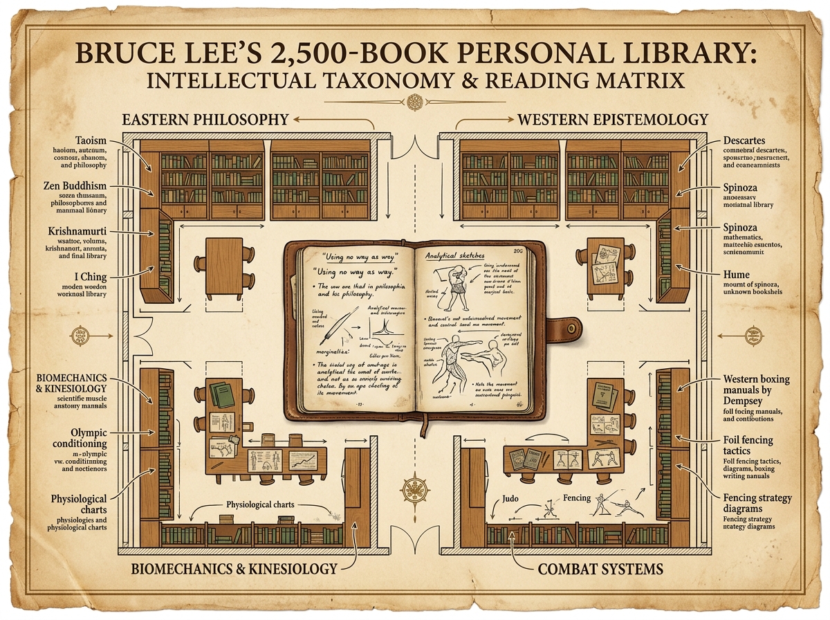 Bruce Lee 2,500-Book Personal Library: Intellectual Taxonomy & Reading Matrix Infographic