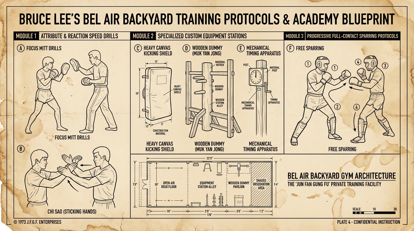 Bruce Lee Bel Air Backyard Training Protocols and Private Facility Blueprint Diagram