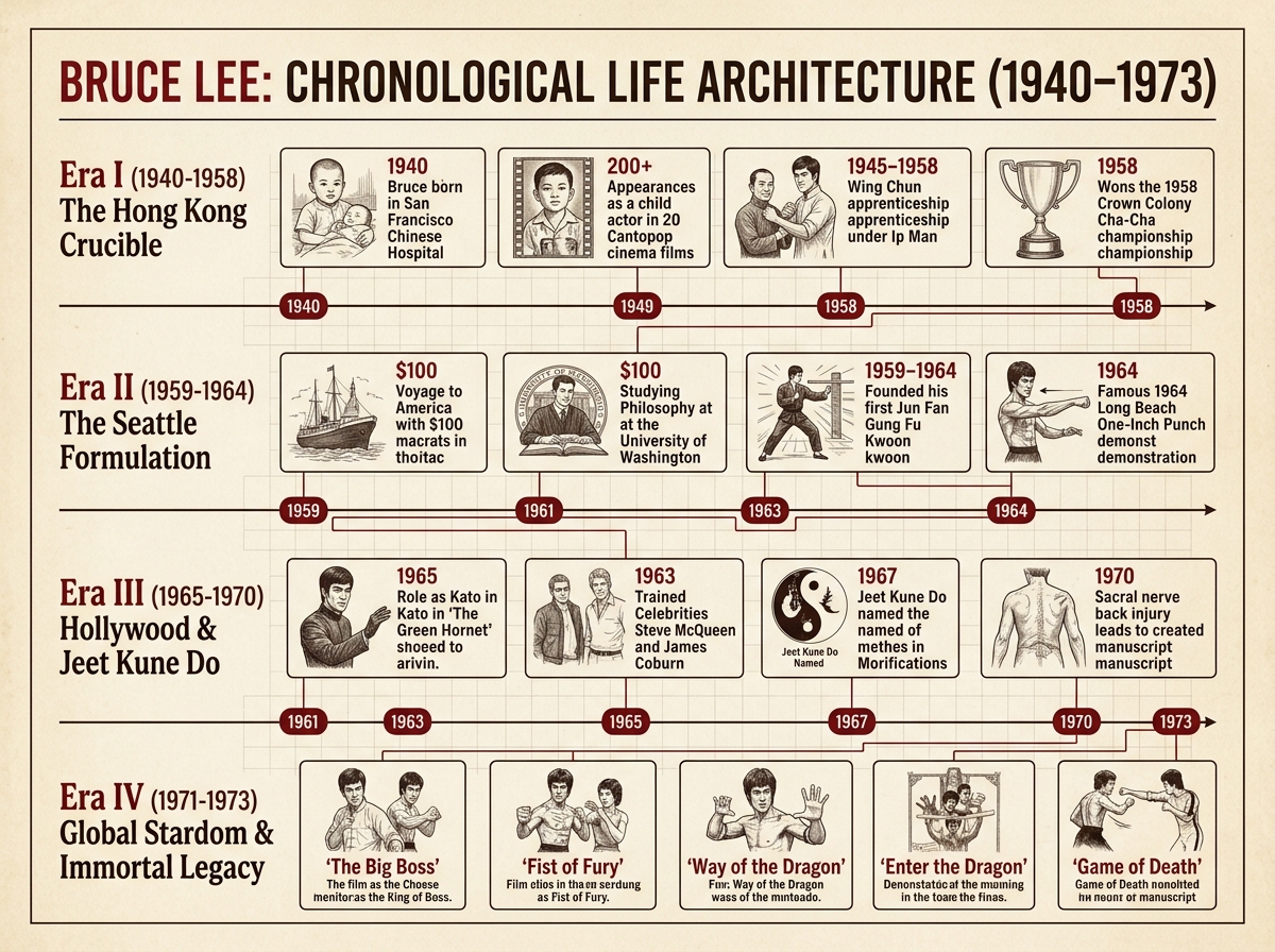 Bruce Lee: Chronological Life Architecture (1940-1973) Timeline Infographic