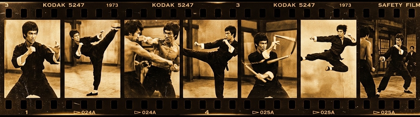 Bruce Lee filmstrip banner - iconic martial arts action sequence in vintage 1970s cinema style