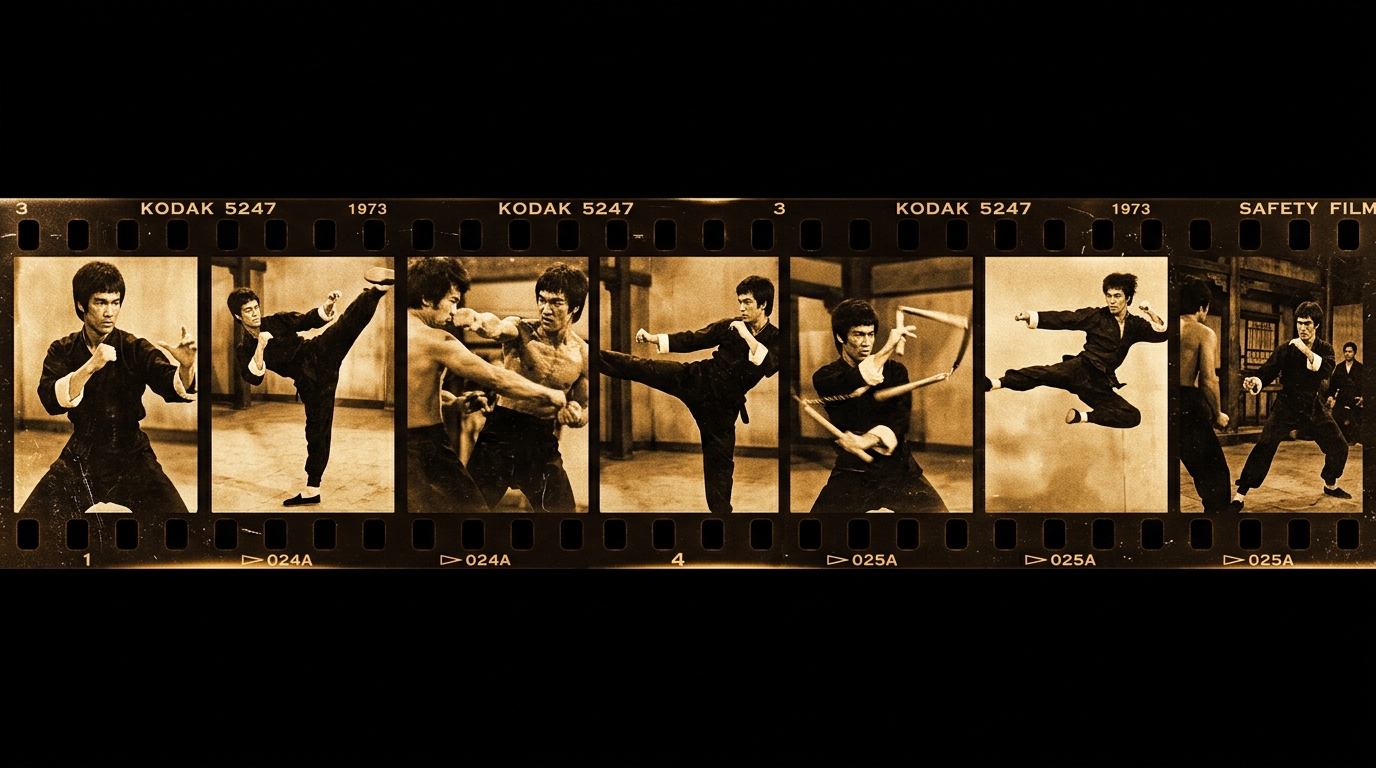Bruce Lee filmstrip banner - iconic martial arts action sequence in vintage 1970s cinema style