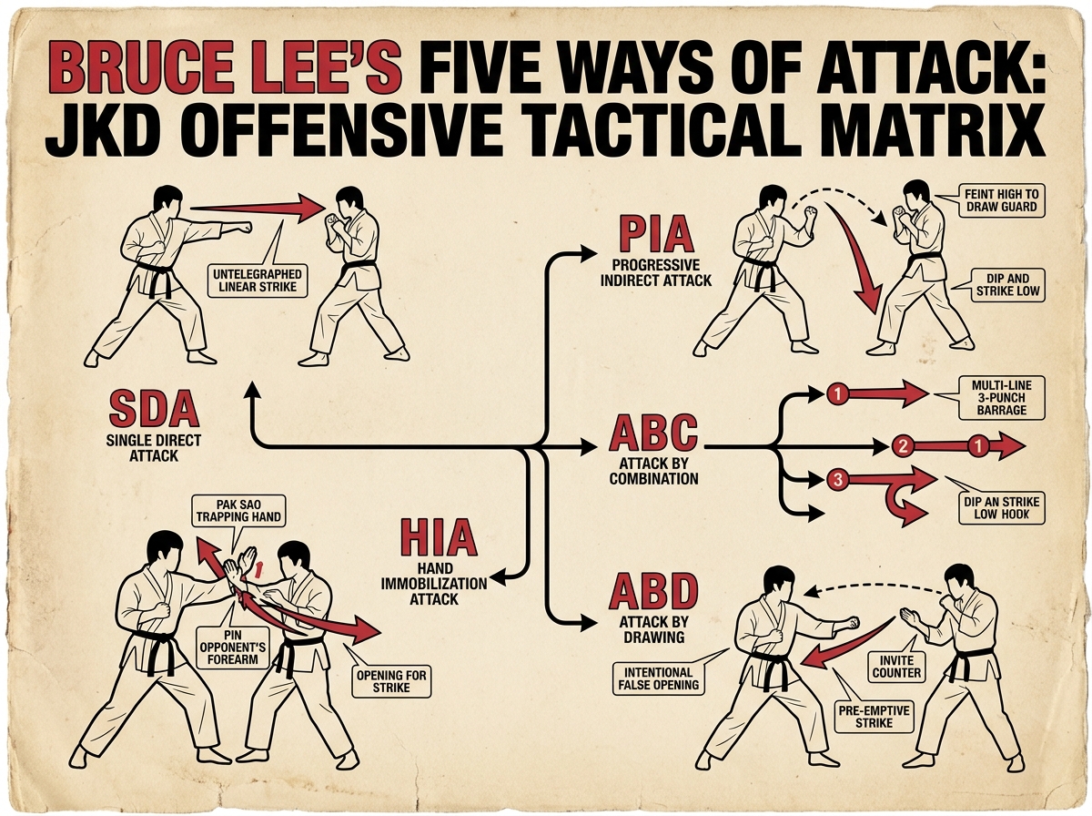 Bruce Lee Five Ways of Attack: JKD Offensive Tactical Matrix Infographic