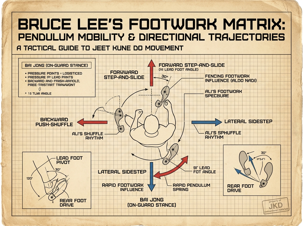 Bruce Lee Footwork Matrix: Pendulum Mobility & Directional Trajectories Infographic