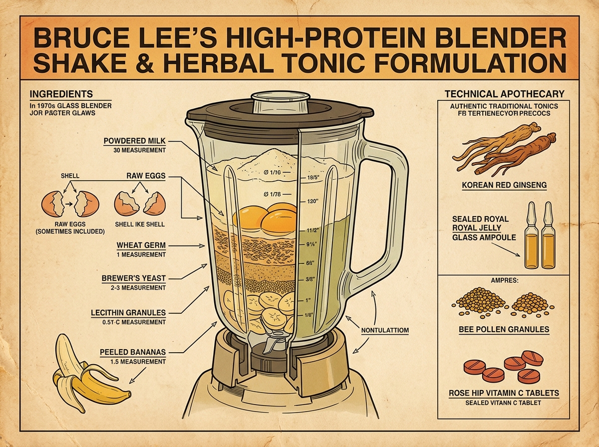 Bruce Lee High-Protein Blender Shake and Herbal Tonic Formulation Infographic