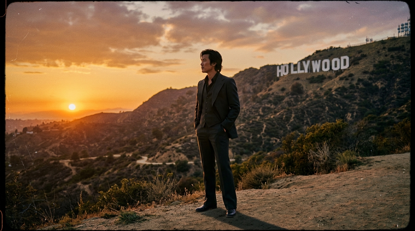 Asian man in suit standing against Hollywood Hills skyline at sunset, representing Bruce Lee's breakthrough in American cinema