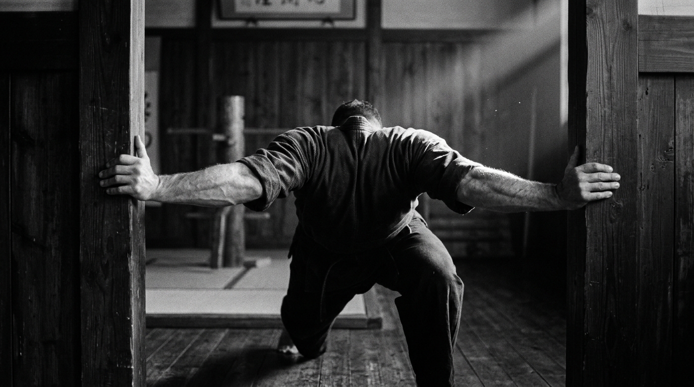 Martial artist pressing against door frame in isometric exercise, recreating Bruce Lee's training method