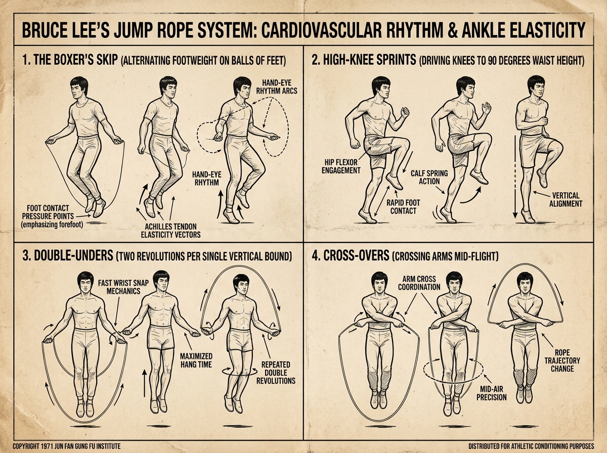 Bruce Lee Jump Rope System: Cardiovascular Rhythm & Ankle Elasticity Infographic