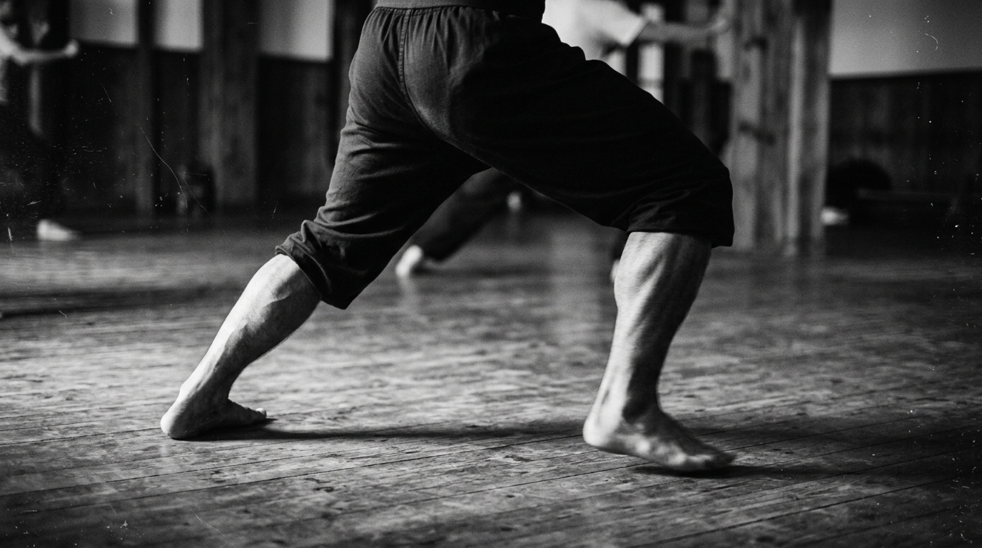Bruce Lee leg training stance on dojo floor