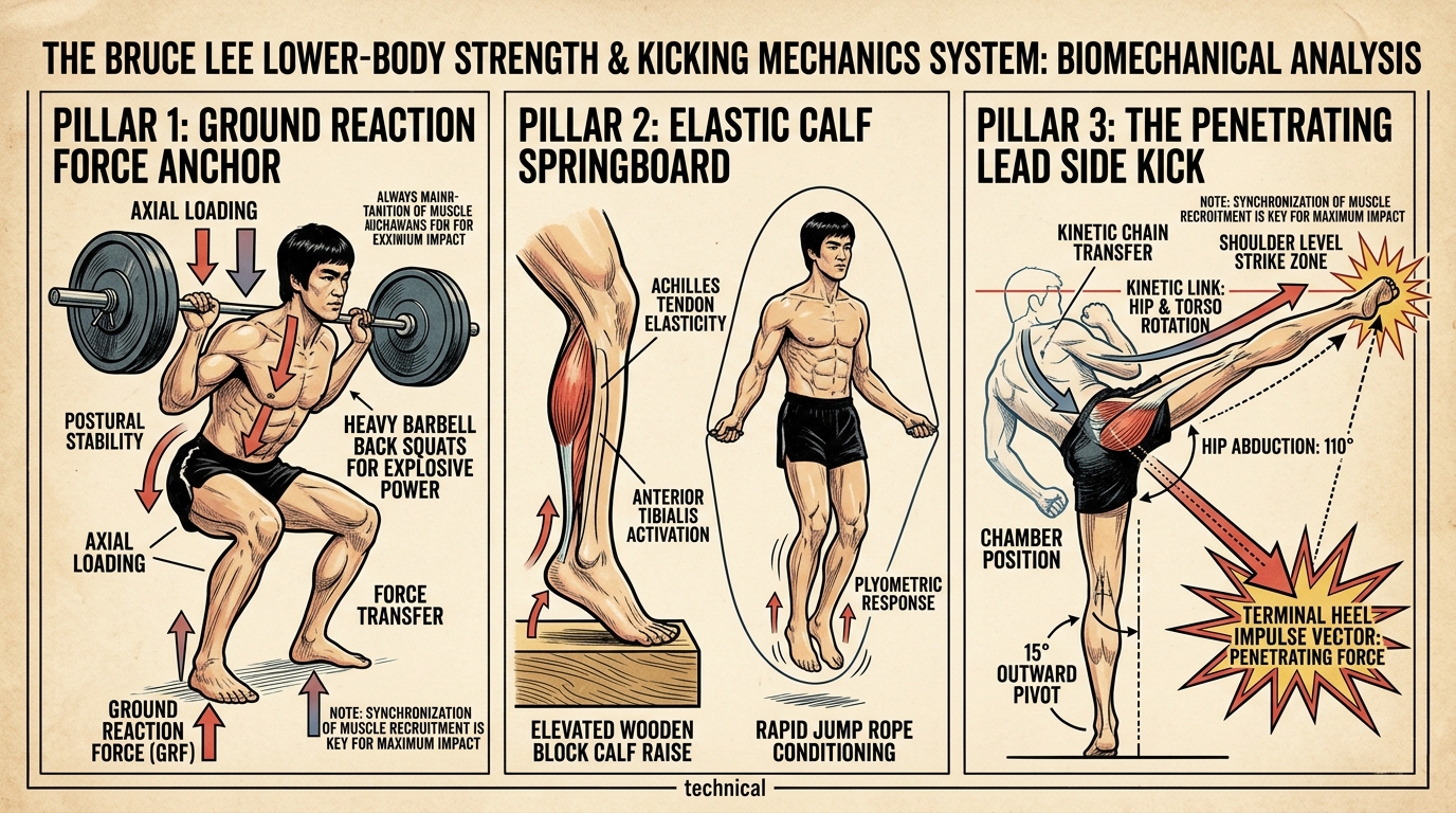 Bruce Lee Lower-Body Strength and Kicking Mechanics System Biomechanical Analysis Diagram