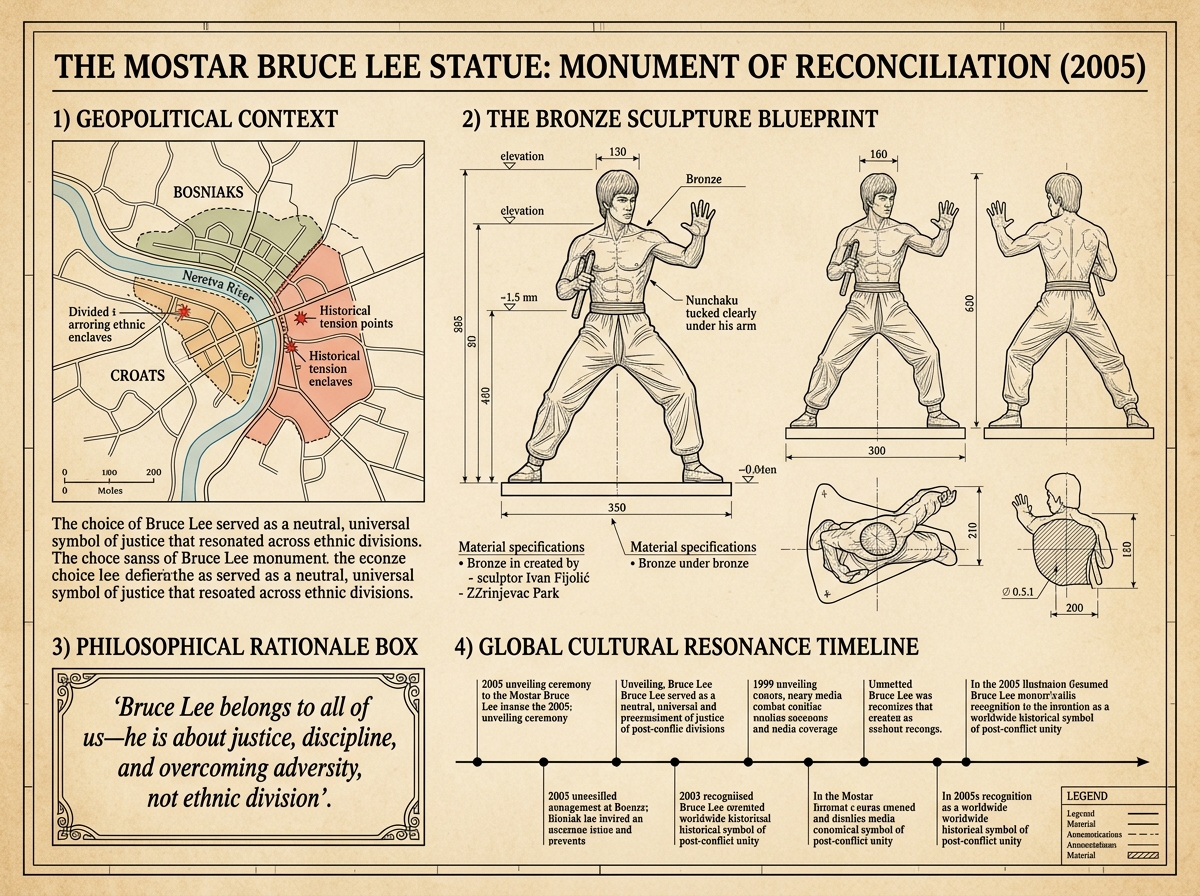 The Mostar Bruce Lee Statue: Monument of Reconciliation 2005 Architectural Blueprint Infographic
