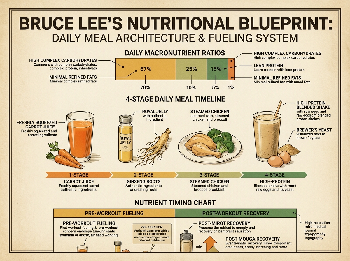 Bruce Lee Nutritional Blueprint: Daily Meal Architecture & Fueling System Infographic