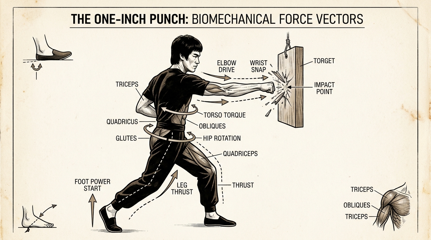 Bruce Lee One-Inch Punch Biomechanical Force Vectors Diagram