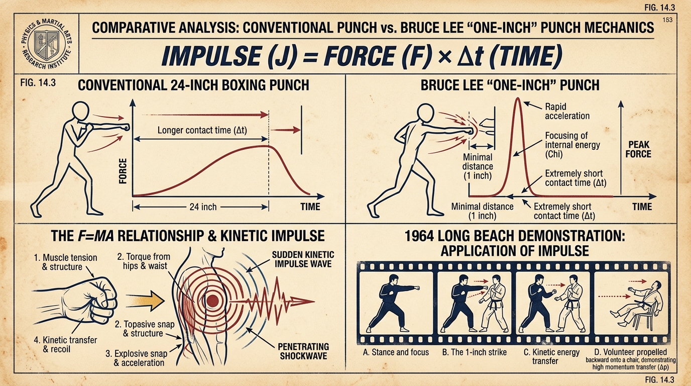Bruce Lee One-Inch Punch Impulse Physics and Long Beach Demonstration Diagram