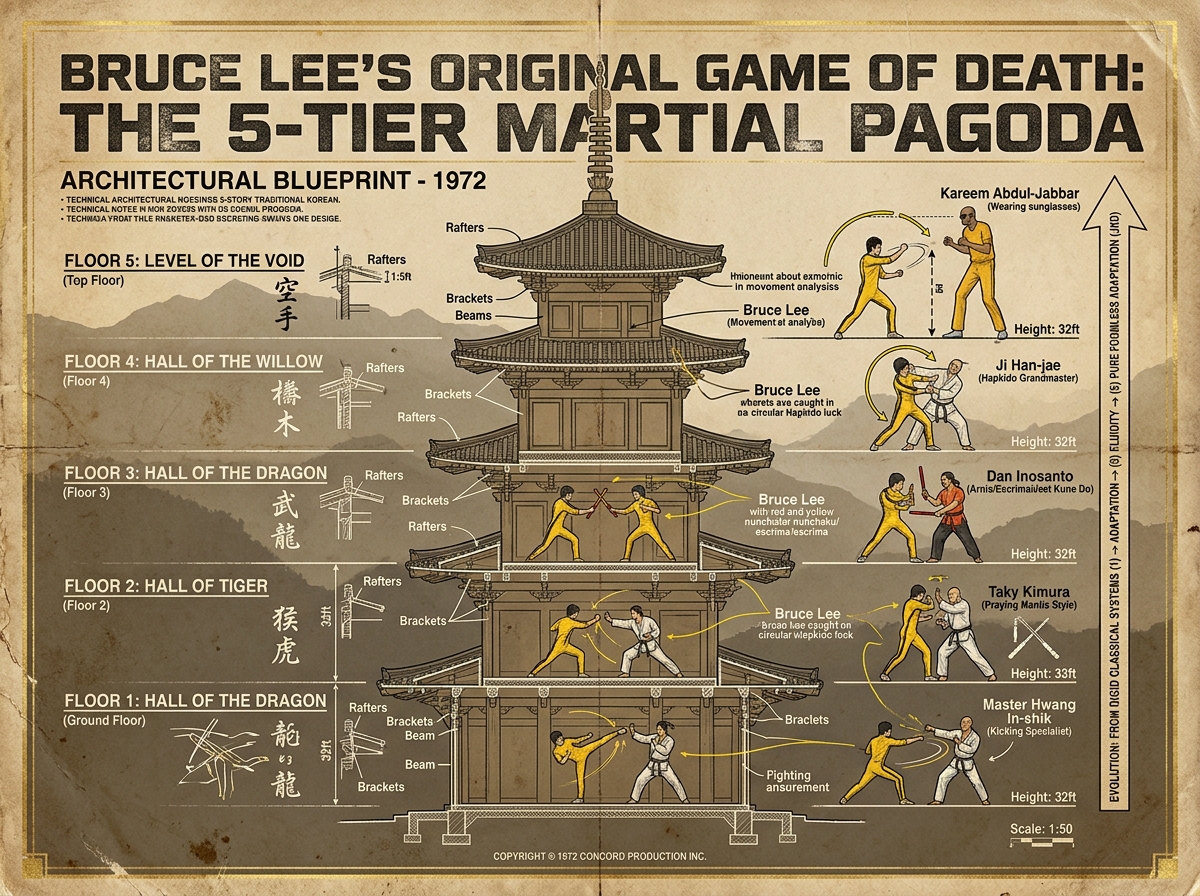 Bruce Lee Original Game of Death: The 5-Tier Martial Pagoda Architectural Blueprint Infographic