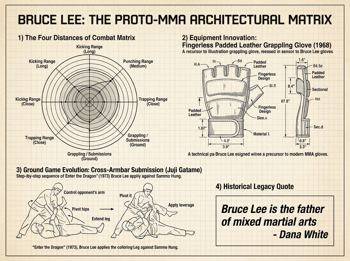 Bruce Lee Proto-MMA Architectural Matrix: Four Combat Ranges & 1968 Fingerless Gloves Infographic