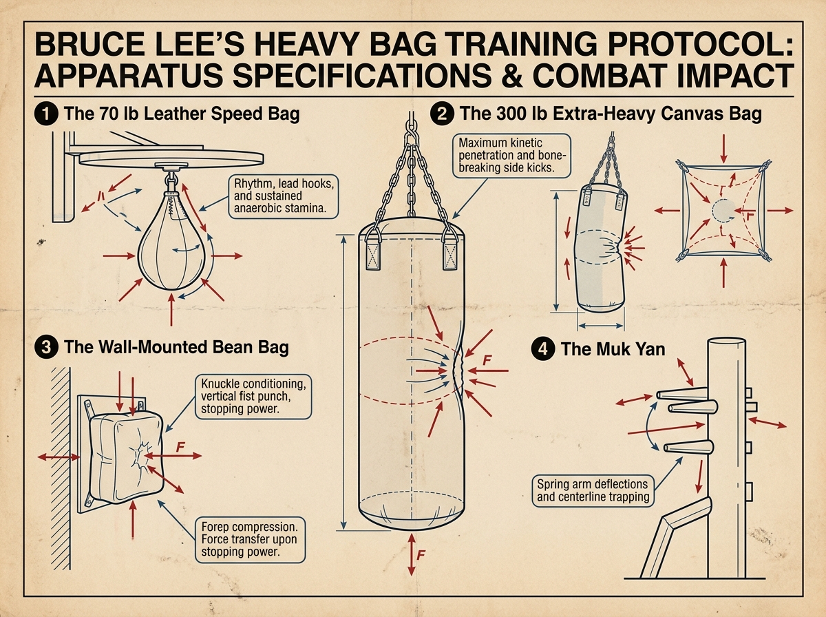 Bruce Lee Heavy Bag Training Arsenal & Impact Conditioning Infographic