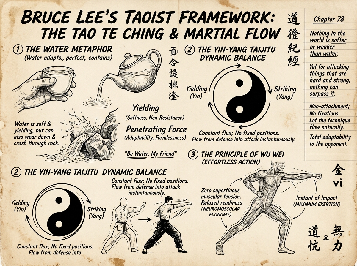 Bruce Lee's Taoist Framework: The Tao Te Ching & Martial Flow Infographic