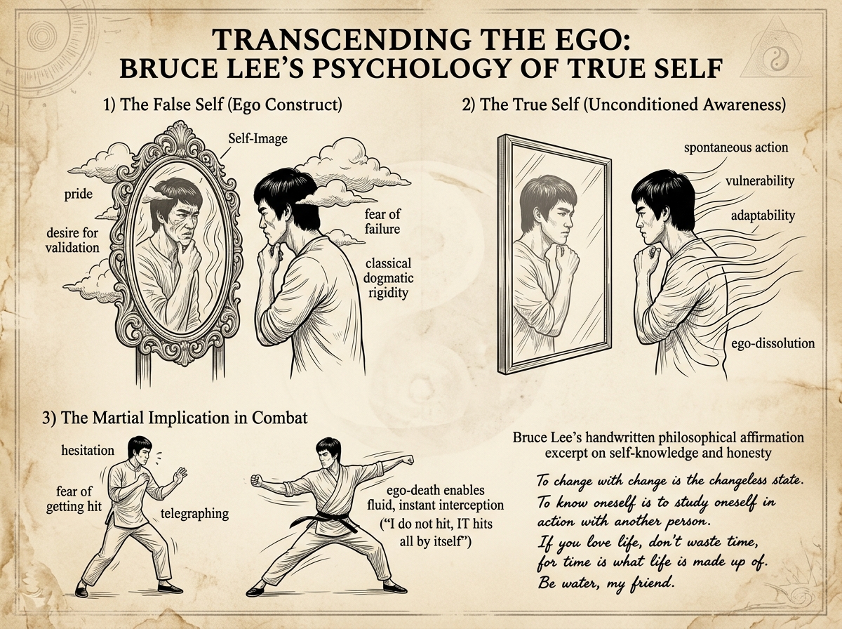 Transcending the Ego: Bruce Lee's Psychology of True Self Dual-Mirror Infographic