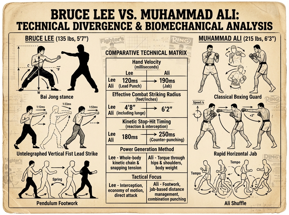 Bruce Lee vs. Muhammad Ali: Technical Divergence & Biomechanical Analysis Infographic