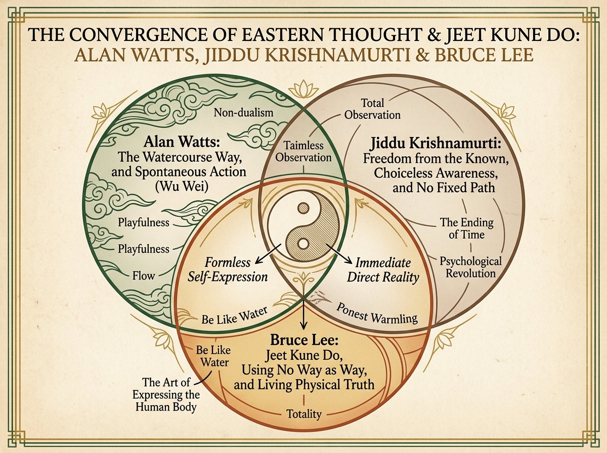 The Convergence of Eastern Thought & Jeet Kune Do: Alan Watts, Jiddu Krishnamurti & Bruce Lee Infographic