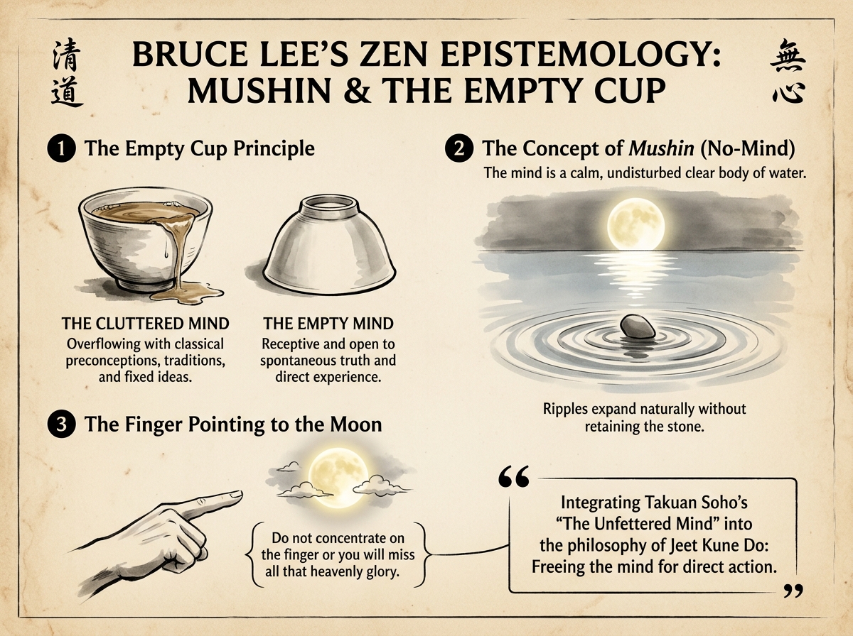 Bruce Lee's Zen Epistemology: Mushin (No-Mind) & The Empty Cup Principle Infographic