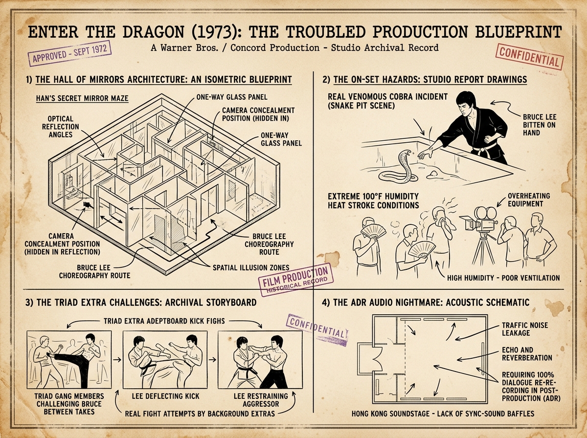 Enter the Dragon (1973) Troubled Production Blueprint: Mirror Maze, Cobra Incident, Triad Extras Infographic