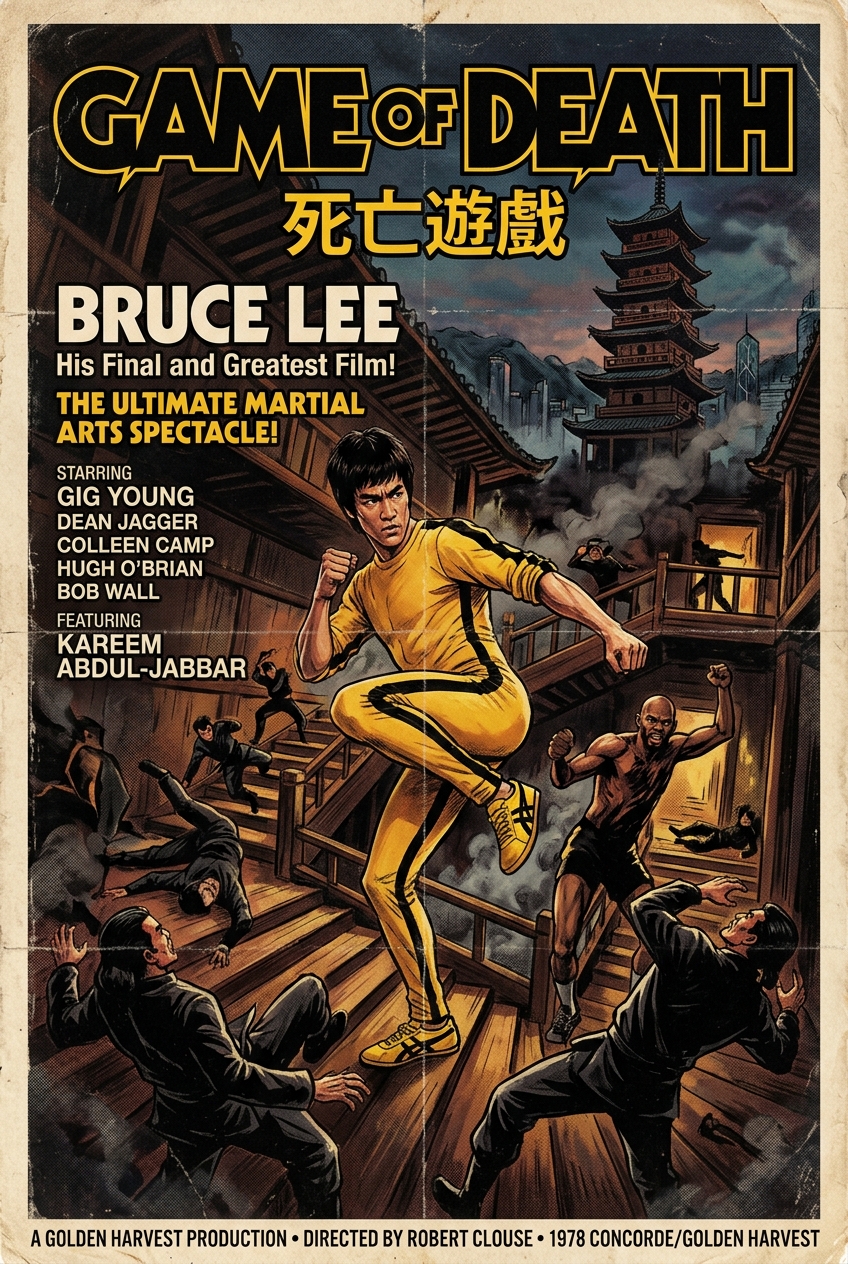 Game of Death movie poster featuring Bruce Lee in yellow tracksuit