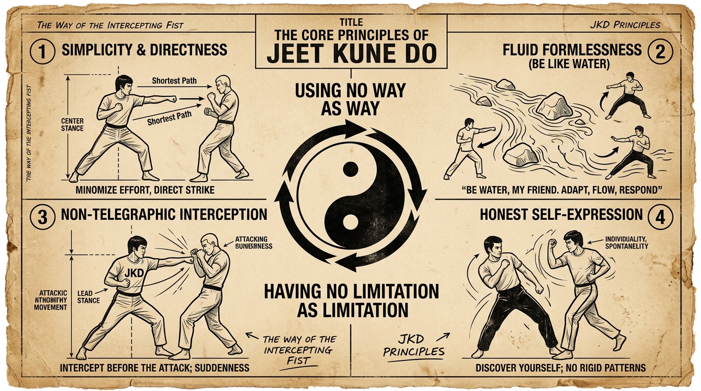 The Core Principles of Jeet Kune Do Philosophy and Taiji Emblem Diagram