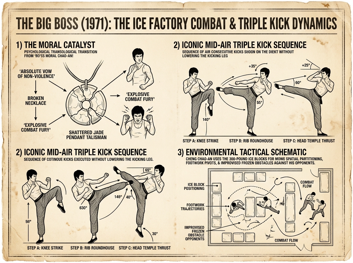 The Big Boss (1971) Ice Factory Combat & Triple Kick Dynamics Infographic