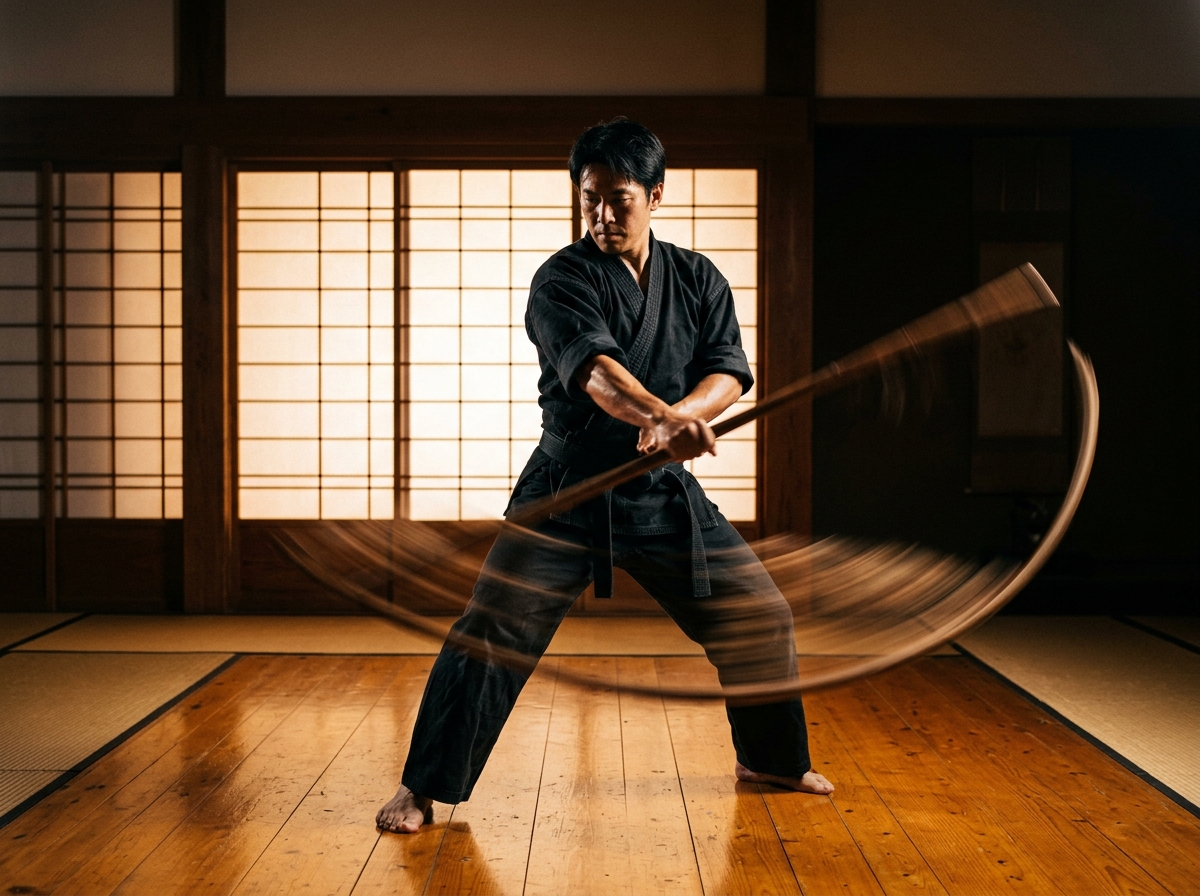 Martial artist spinning a bo staff in traditional dojo with dramatic motion blur