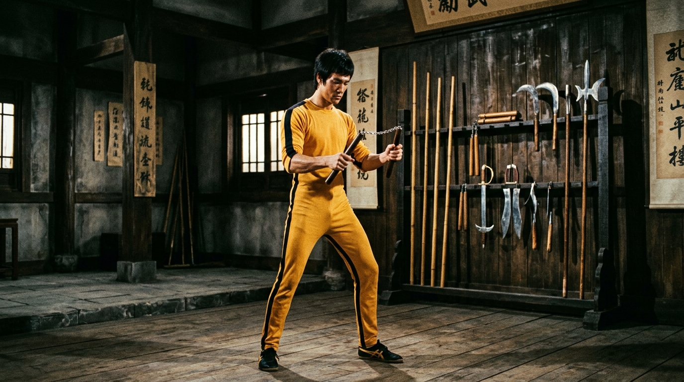 Bruce Lee in a traditional martial arts training hall with weapons including nunchaku, bo staff and kamas