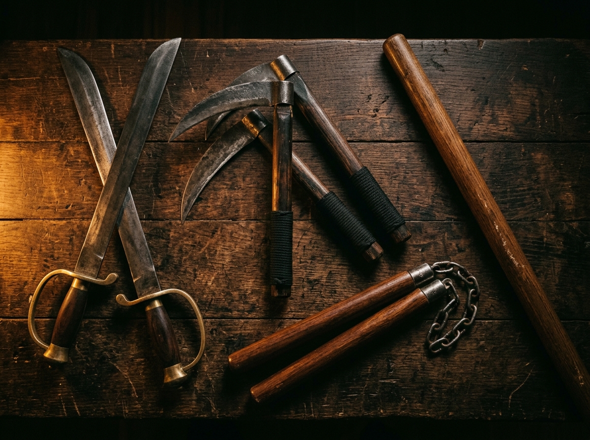 Traditional martial arts weapons including kamas, nunchaku, bo staff and butterfly swords arranged on dark wood
